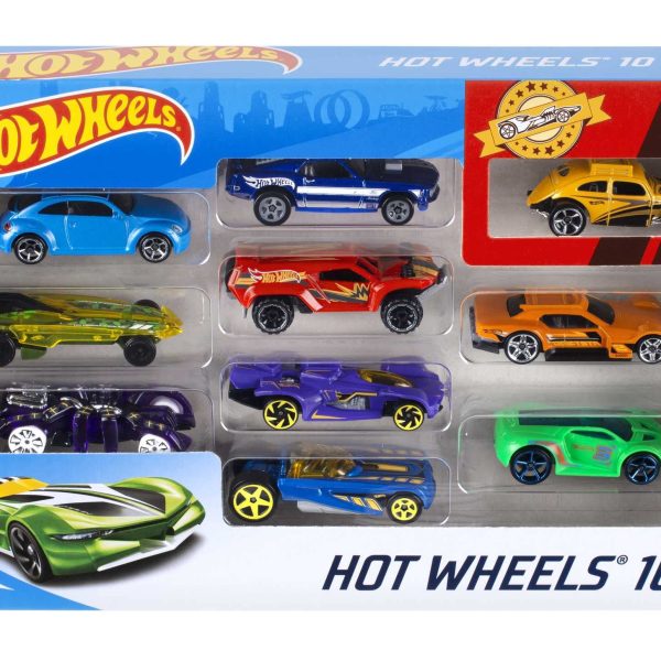 Hot Wheels Toy Cars & Trucks 10-Pack, Set of 10 1:64 Scale Vehicles, Includes Race Cars, Semi, Rescue or Construction Trucks (Styles May Vary)