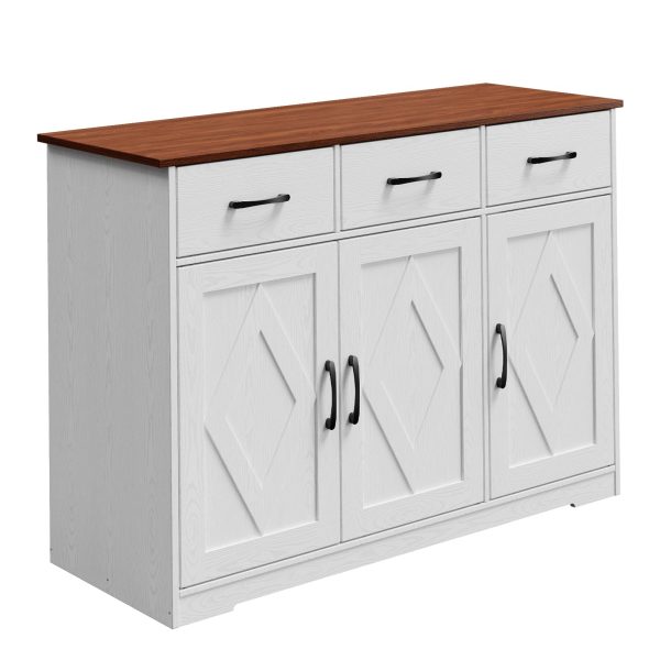 SUERYA Modern Farmhouse Sideboard Buffet Cabinet with Barn Doors, Drawers & Shelves – White Wood Storage for Kitchen, Dining & Living Room