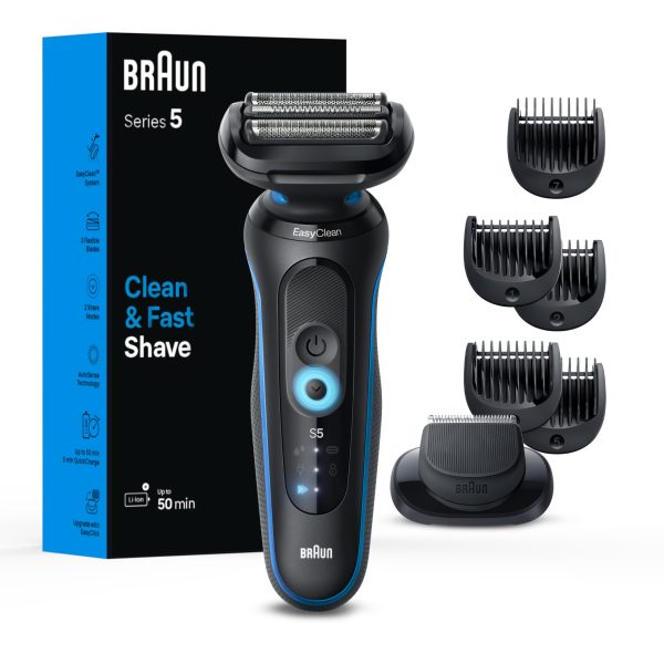 Braun Electric Shaver for Men, Series 5 5150cs, Wet & Dry Shave, Turbo Shaving Mode, Foil Shaver, with Beard Trimmer, Body Groomer and Charging Stand, Blue